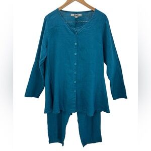 FLAX Teal Linen Two Piece Button Front Tunic and Pull On Pant Set Relaxed S/M